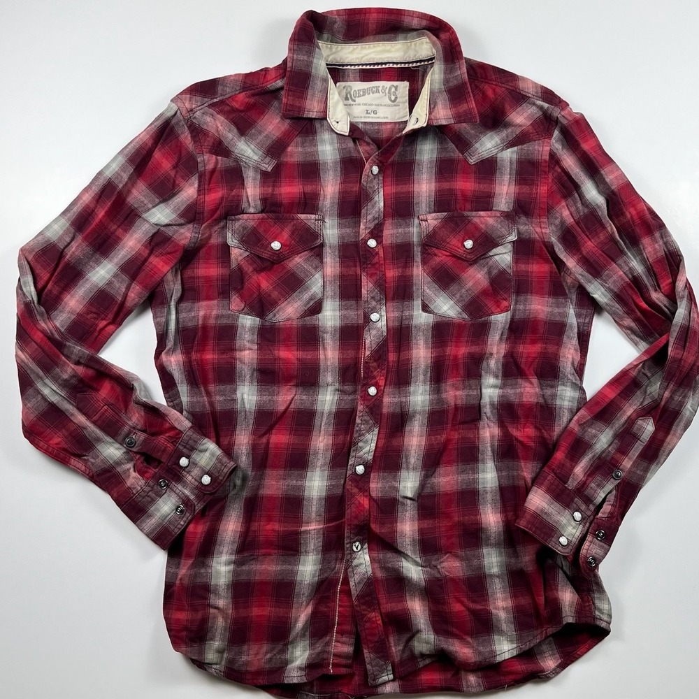 Roebuck & Co Mens Red Grey Plaid Western Pearl Snap Long Sleeve Shirt Large